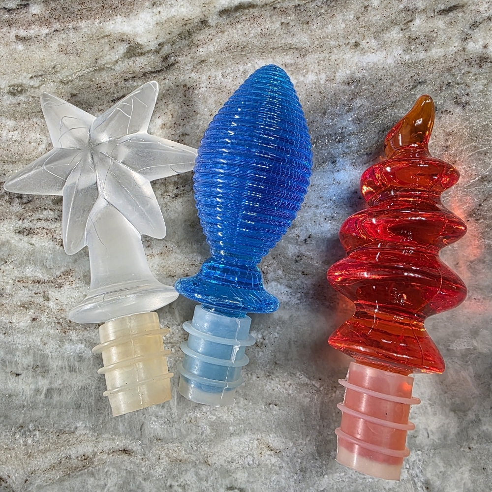 Colorful Acrylic Bottle Stopper Trio Star, Blue, & Red Spiral Set of 3 Patriotic